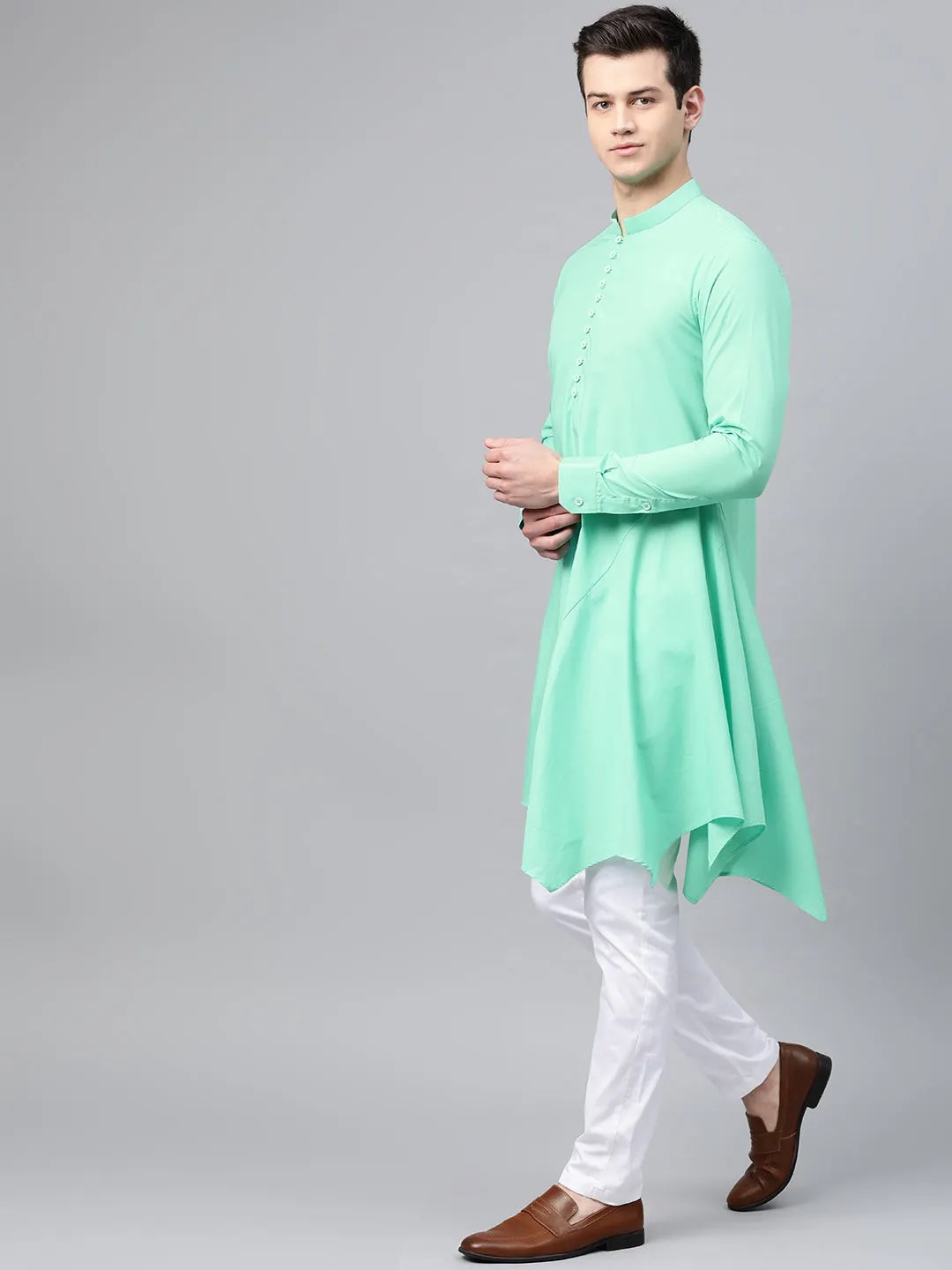 Men Sea Green Solid Asymmetrical Kurta With Pyjama