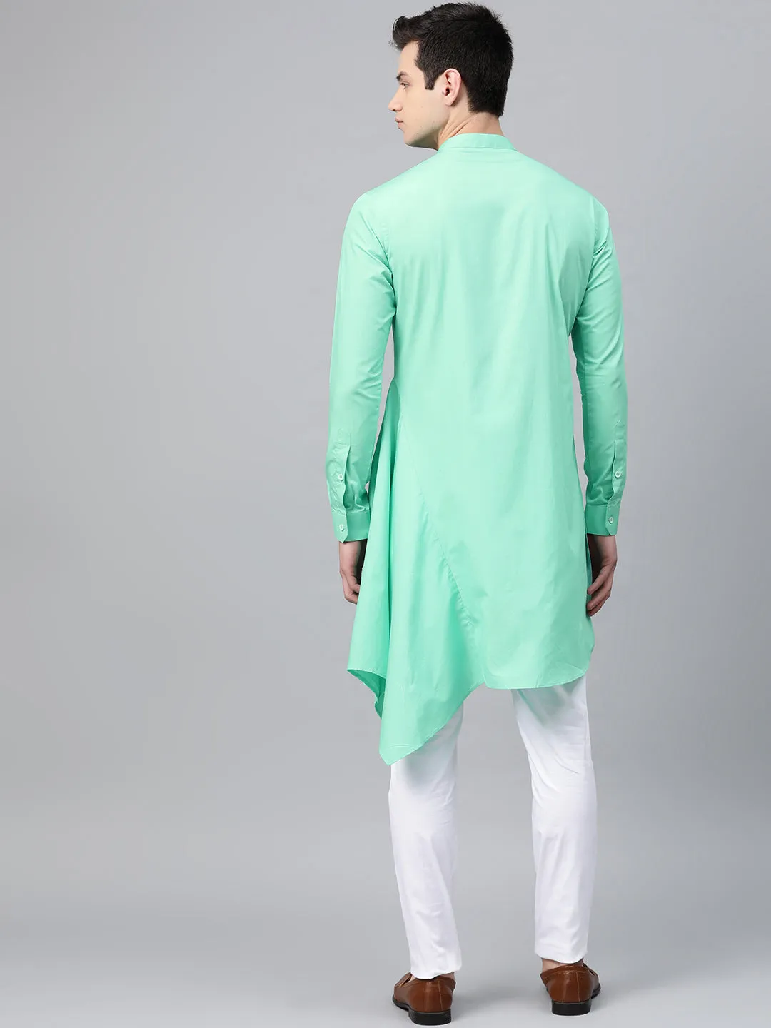 Men Sea Green Solid Asymmetrical Kurta With Pyjama