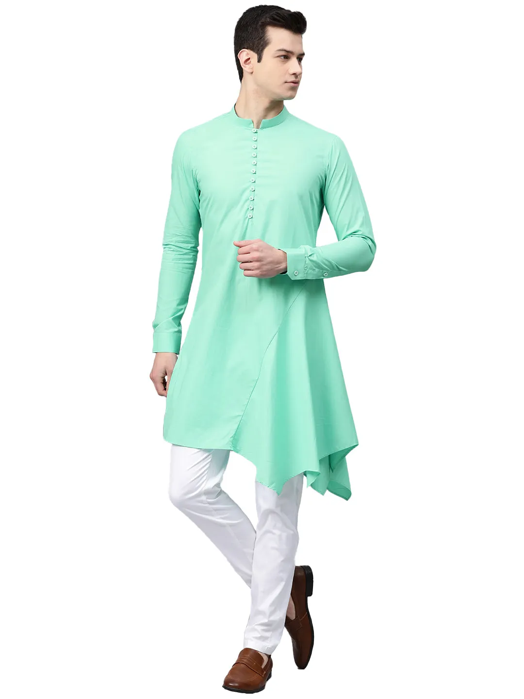 Men Sea Green Solid Asymmetrical Kurta With Pyjama