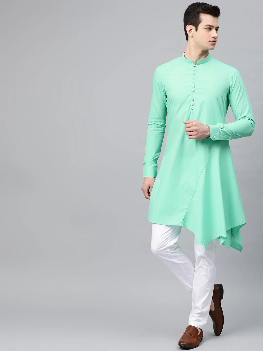 Men Sea Green Solid Asymmetrical Kurta With Pyjama