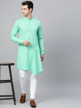 Men Sea Green Solid Asymmetrical Kurta With Pyjama