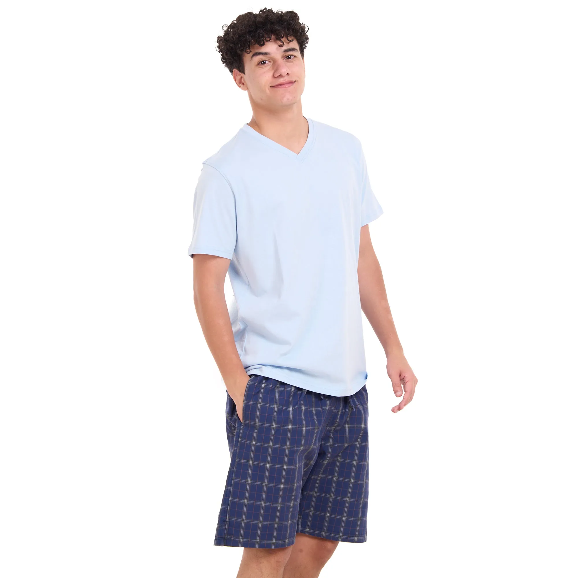 Men summer pajama set Light blue T-shirt  Dark Blue x Grey Checkered shorts