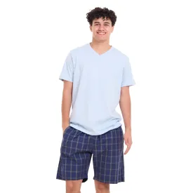 Men summer pajama set Light blue T-shirt  Dark Blue x Grey Checkered shorts