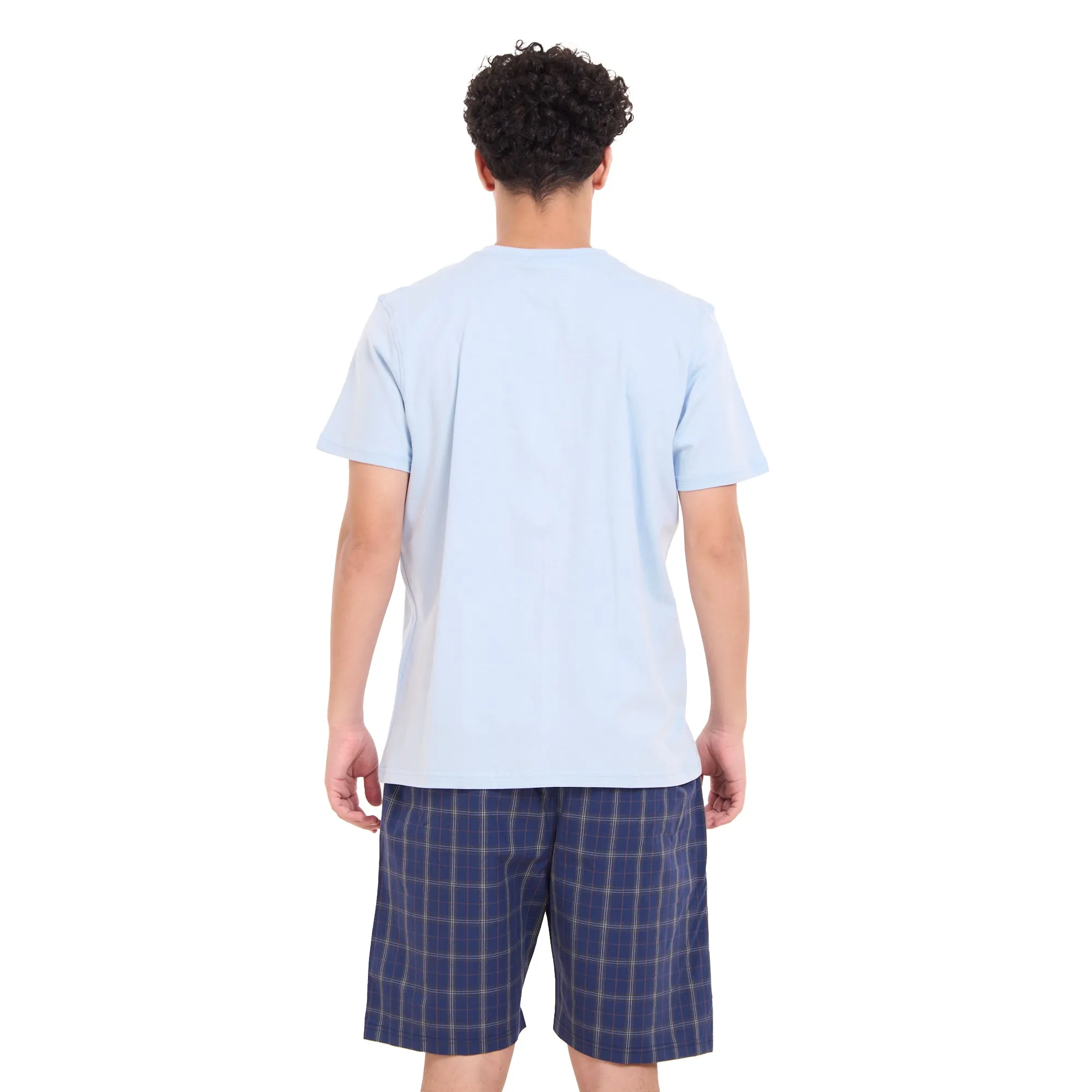 Men summer pajama set Light blue T-shirt  Dark Blue x Grey Checkered shorts