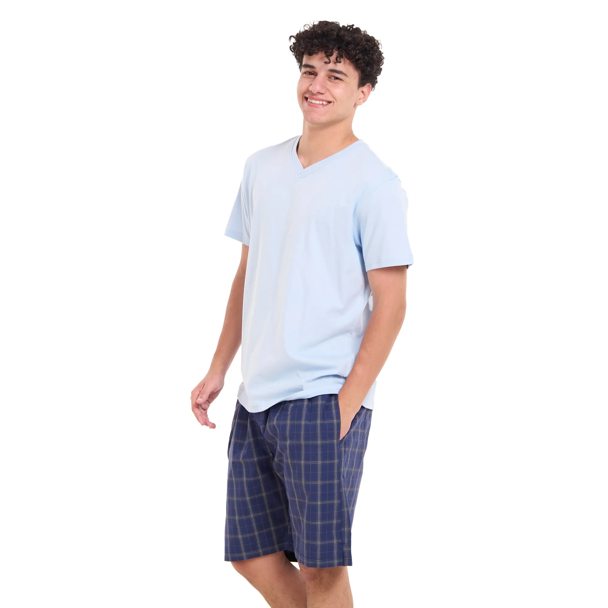 Men summer pajama set Light blue T-shirt  Dark Blue x Grey Checkered shorts