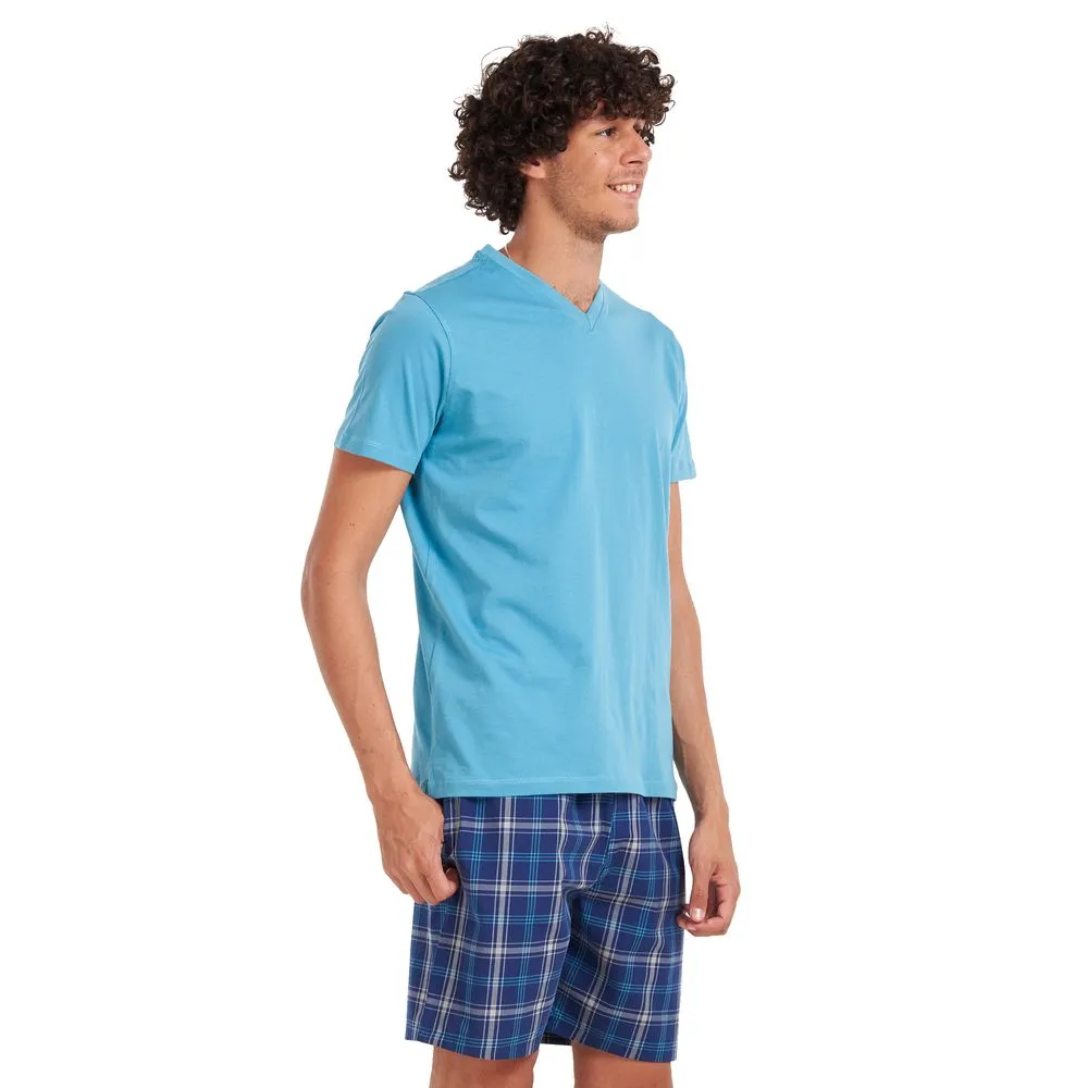 Men summer pajama set Turquoise T-shirt   Dark blue x turquoise checkered shorts