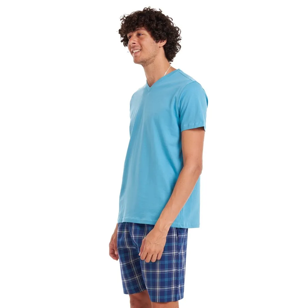 Men summer pajama set Turquoise T-shirt   Dark blue x turquoise checkered shorts