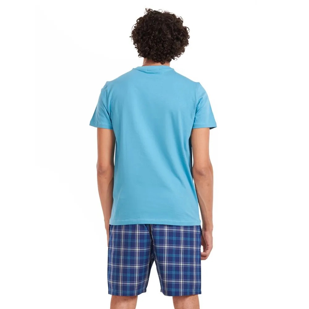 Men summer pajama set Turquoise T-shirt   Dark blue x turquoise checkered shorts