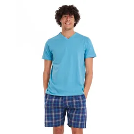 Men summer pajama set Turquoise T-shirt   Dark blue x turquoise checkered shorts