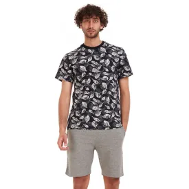 Men summer pajama set White leaves T-shirt  Dark grey shorts