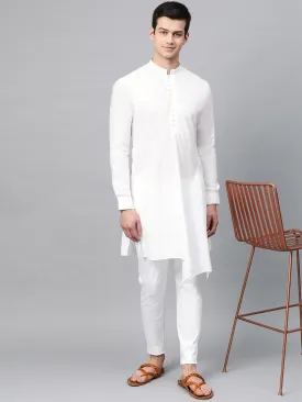 Men White Solid Asymmetrical Kurta With Pyjama