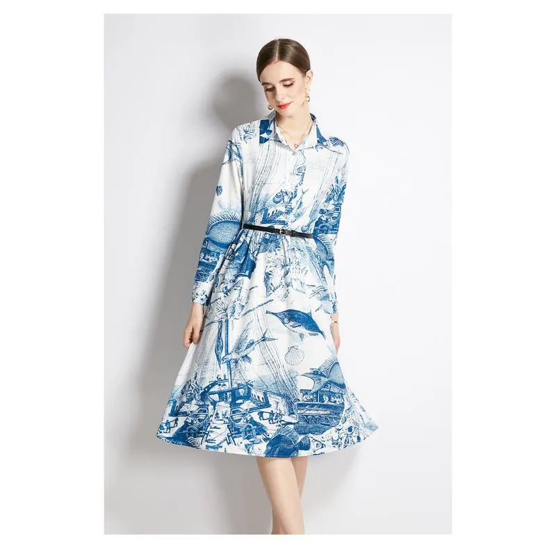 Midi Slim-Fit Print Petite Retro Style Full Skirt Style A-Line Dress