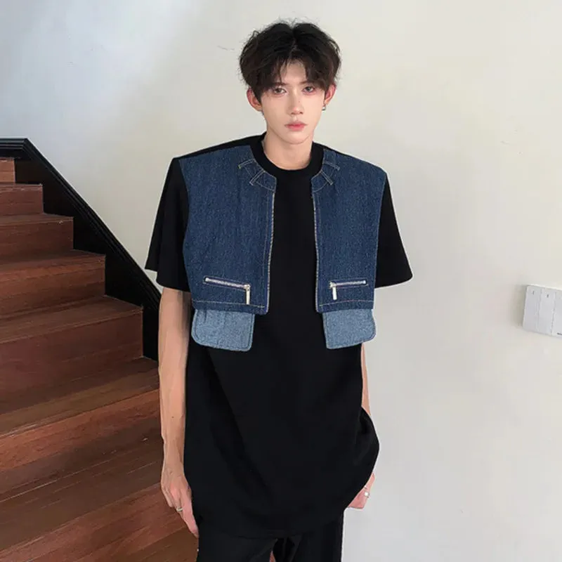 Niche Design Male Fake Two-piece T-shirt Denim Vest Spliced Short Sleeve T-shirts Shoulder Pad Men Fashion Tide 9C6180