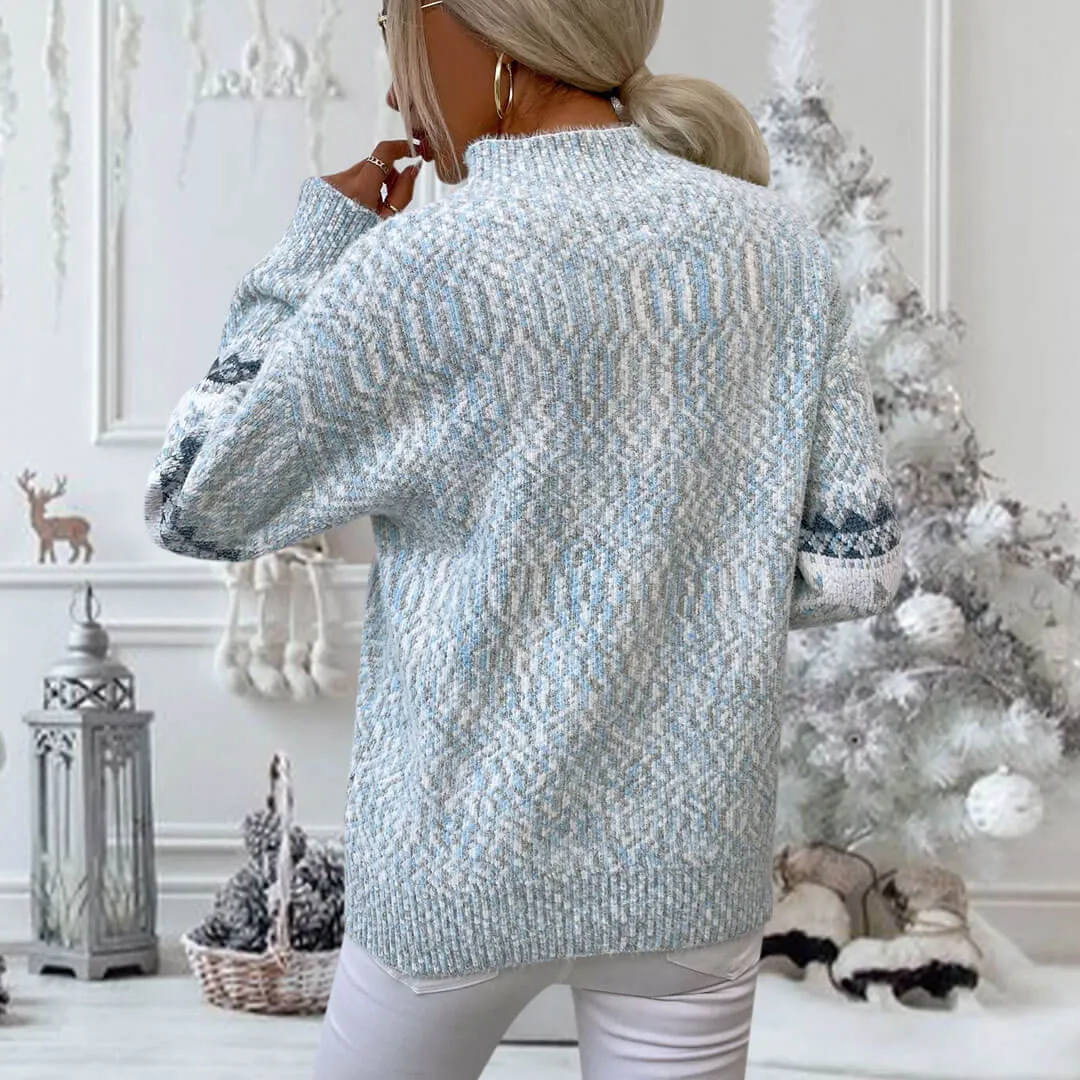 Nordic Fair Isle Mock Neck Chenille Marled Knit Snowflake Pullover Sweater - Blue