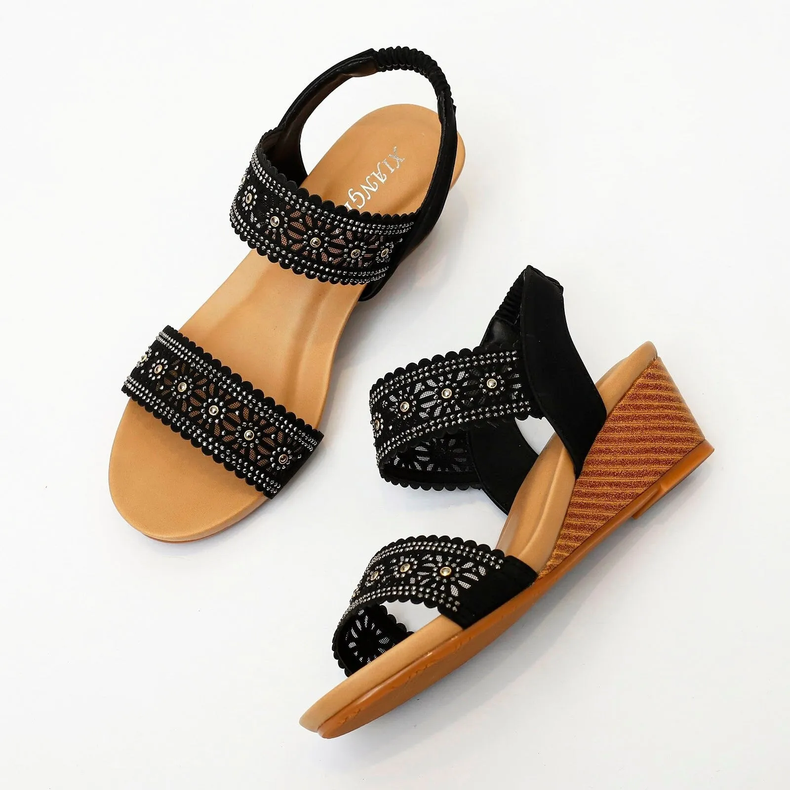 OCW Casual Comfy Soft Sandals For Women Breathable Hollow Rhinestone Embellished Wedges