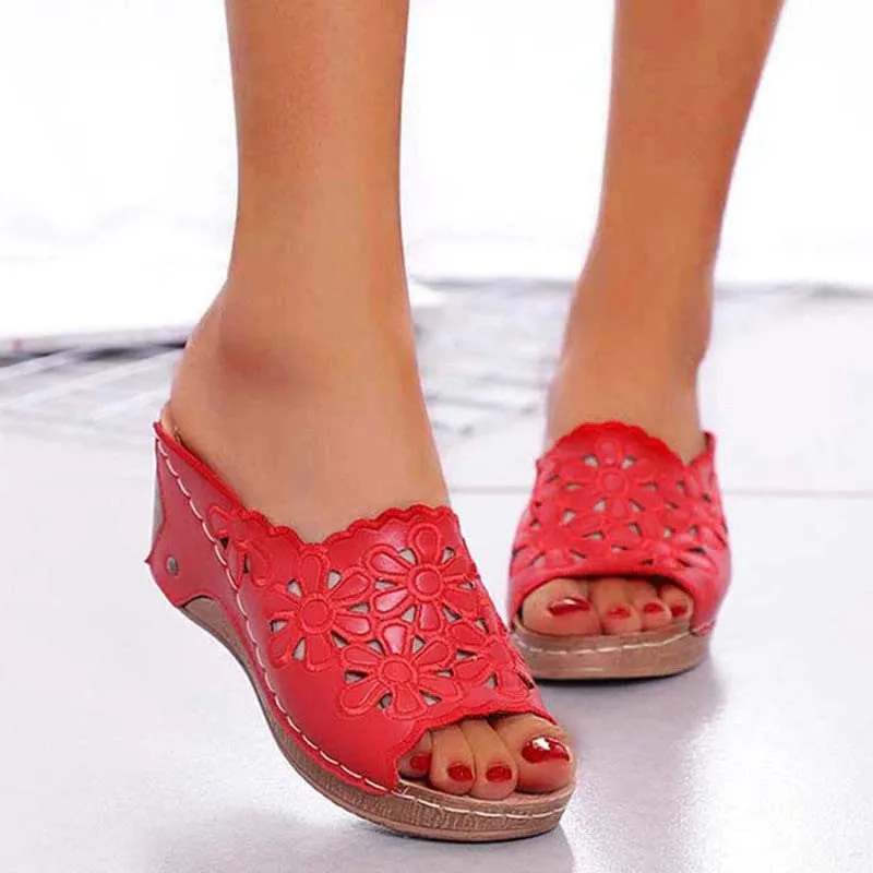 OCW Retro Women Summer Sandals Wedge Flowers Fish Mouth Flowers