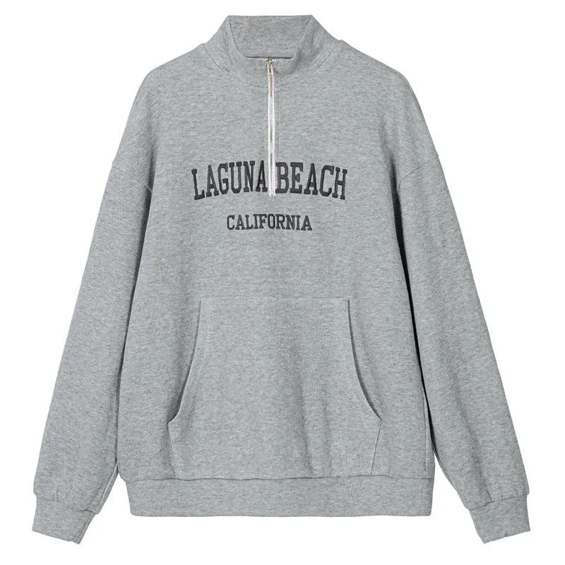 Oversized Letter Embroidery Drop Shoulder Half Zip Collared Sweatshirt - Gray