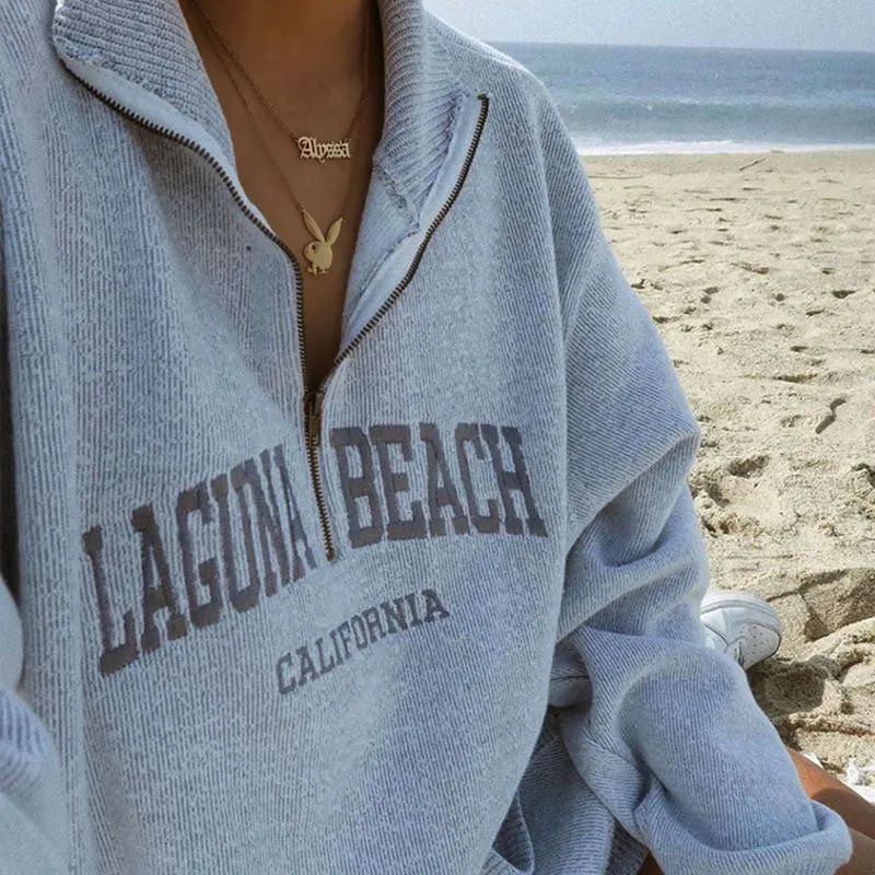 Oversized Letter Embroidery Drop Shoulder Half Zip Collared Sweatshirt - Gray