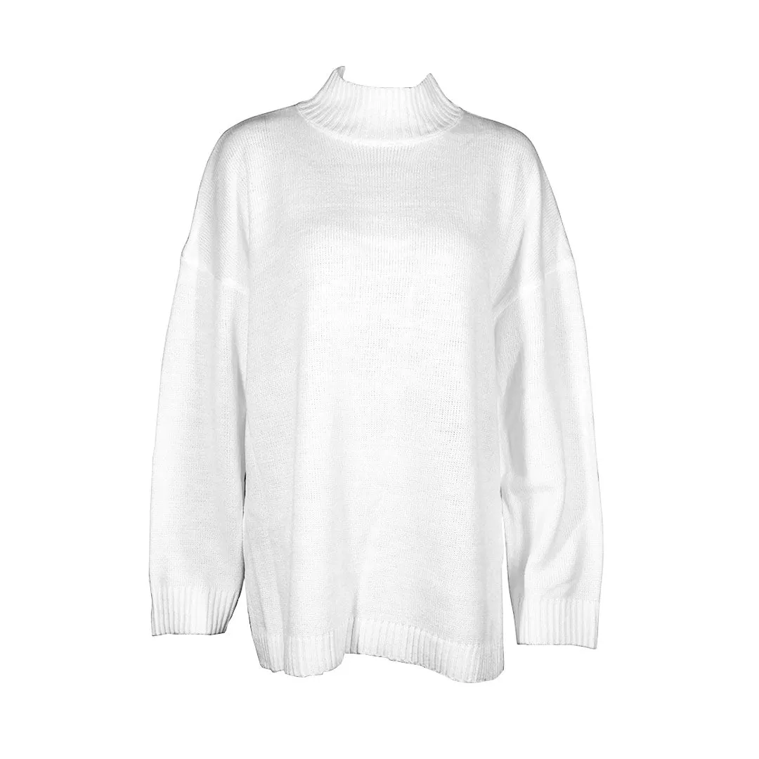 Oversized Rib Knit Mock Neck Drop Shoulder Long Sleeve Sweater - White