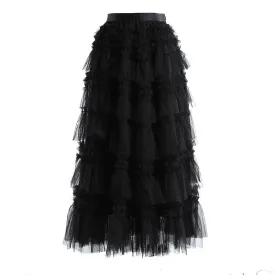 Patchwork Ruffle Black Skirt For Women High Waist Casual Ball Gown Skirts Female Fashion Clothing Spring