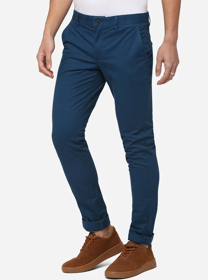 Peacock Blue Solid Slim Fit Casual Trouser | JadeBlue