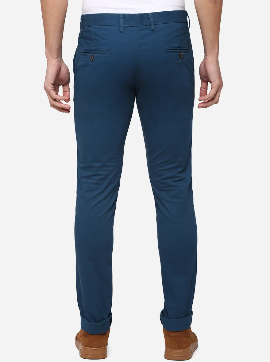 Peacock Blue Solid Slim Fit Casual Trouser | JadeBlue