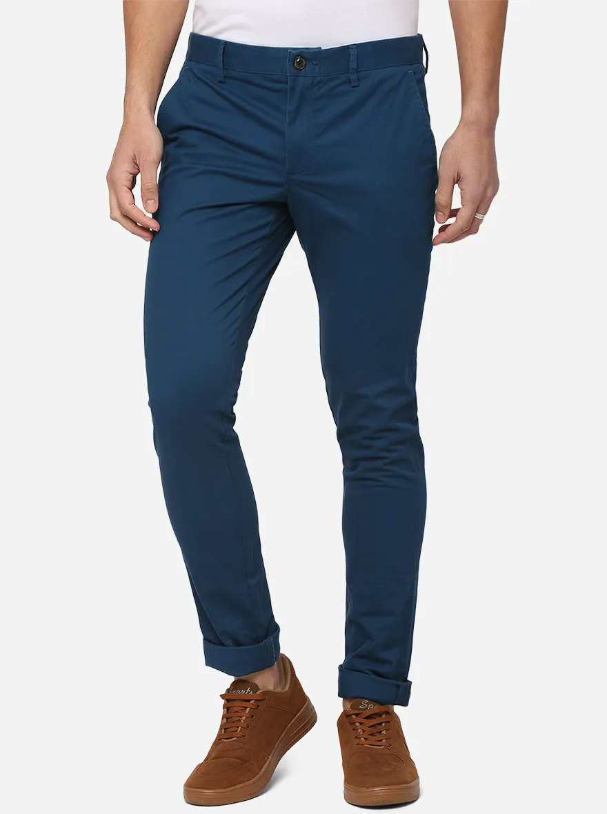 Peacock Blue Solid Slim Fit Casual Trouser | JadeBlue