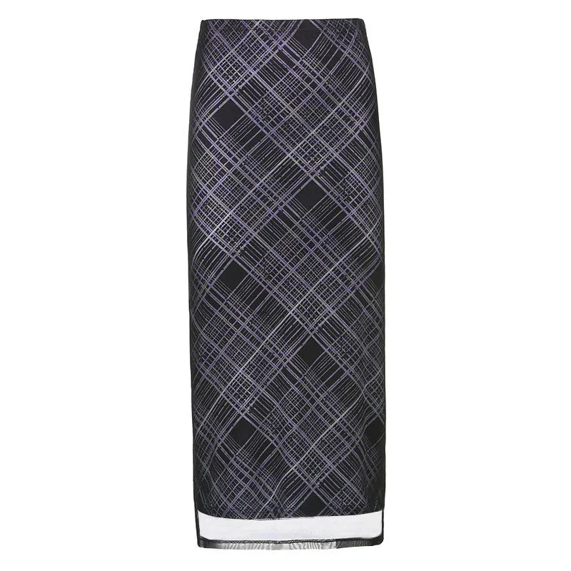 Plaid Printed High Waist Mesh Panel Bodycon Midi Skirt - Black