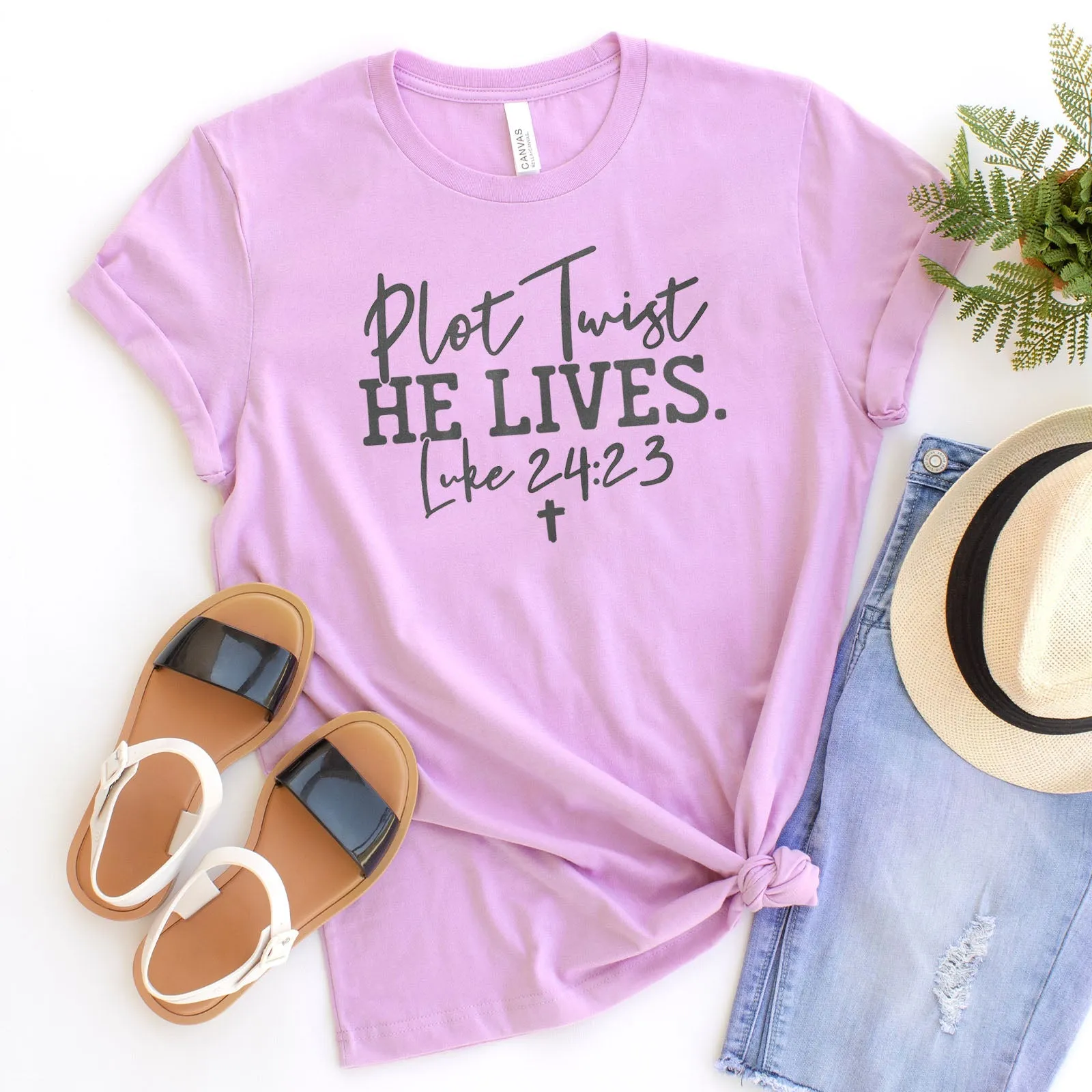 Plot Twist He Lives - Luke 24:23 Tee Shirts For Women - Christian Easter T Shirts