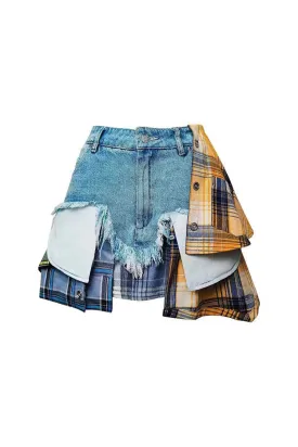 Preppy Plaid Patchwork Layered Panel High Rise Frayed Mini Denim Skirt