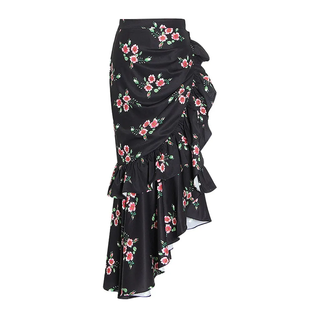 Print Irregular Skirts For Women High Waist Folds Hit Color Temperament Skirt Female Fashion Clothing Summer