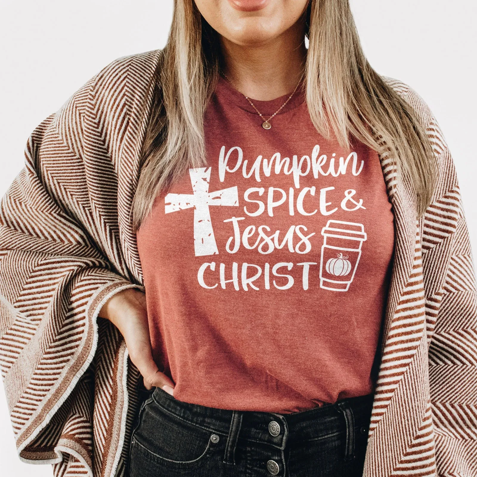 Pumpkin Spice & Jesus Christ Tee Shirts For Women - Christian Shirts for Women - Religious Tee Shirts