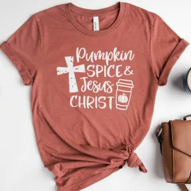 Pumpkin Spice & Jesus Christ Tee Shirts For Women - Christian Shirts for Women - Religious Tee Shirts