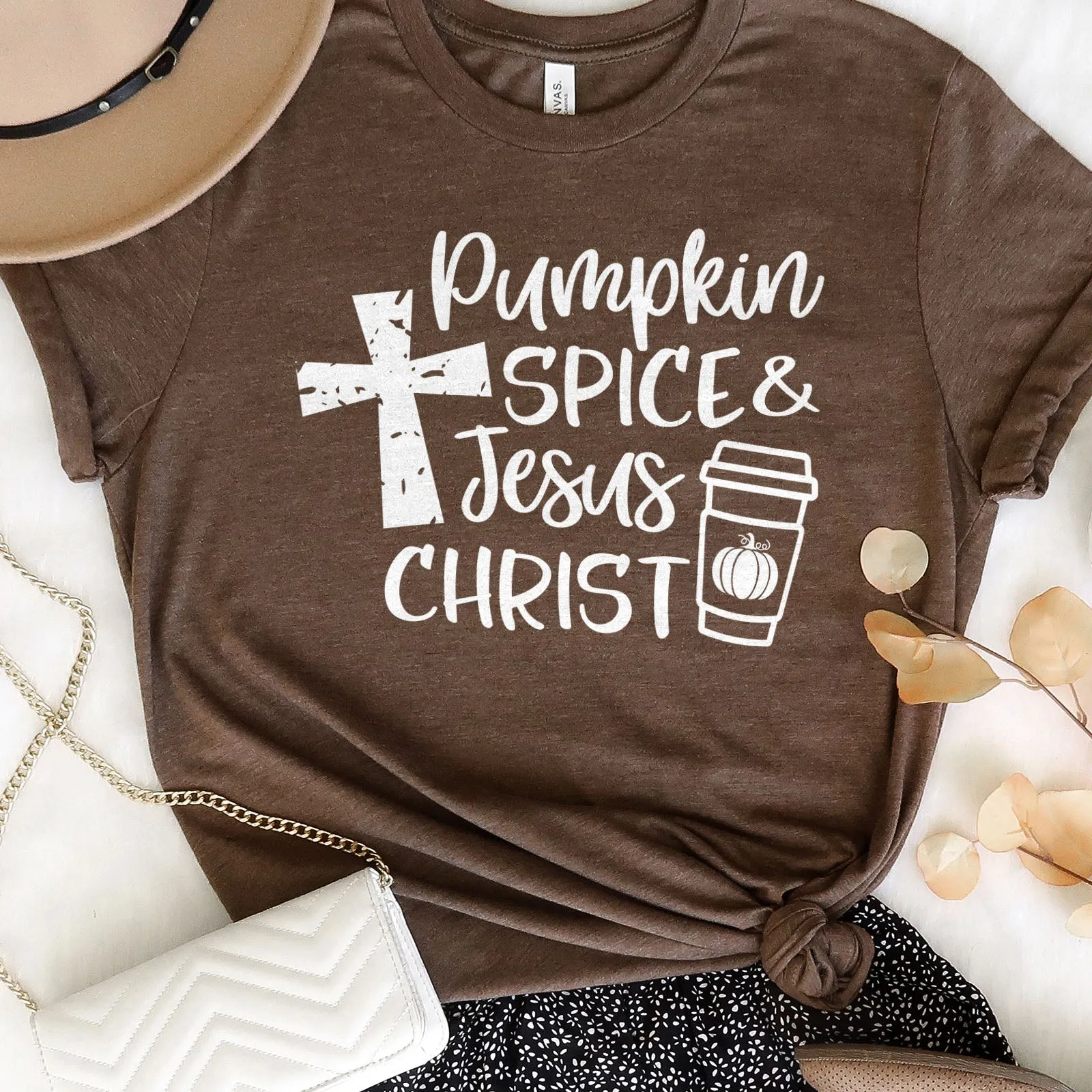 Pumpkin Spice & Jesus Christ Tee Shirts For Women - Christian Shirts for Women - Religious Tee Shirts