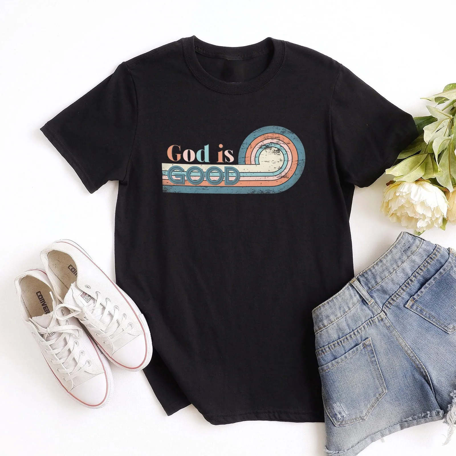 Retro God is Good Tee Shirts For Women - Christian Shirts for Women - Religious Tee Shirts