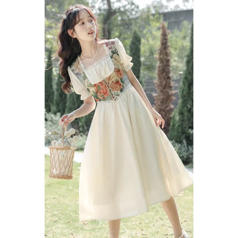 Retro Slimming Floral Print Fairy French Style Dress