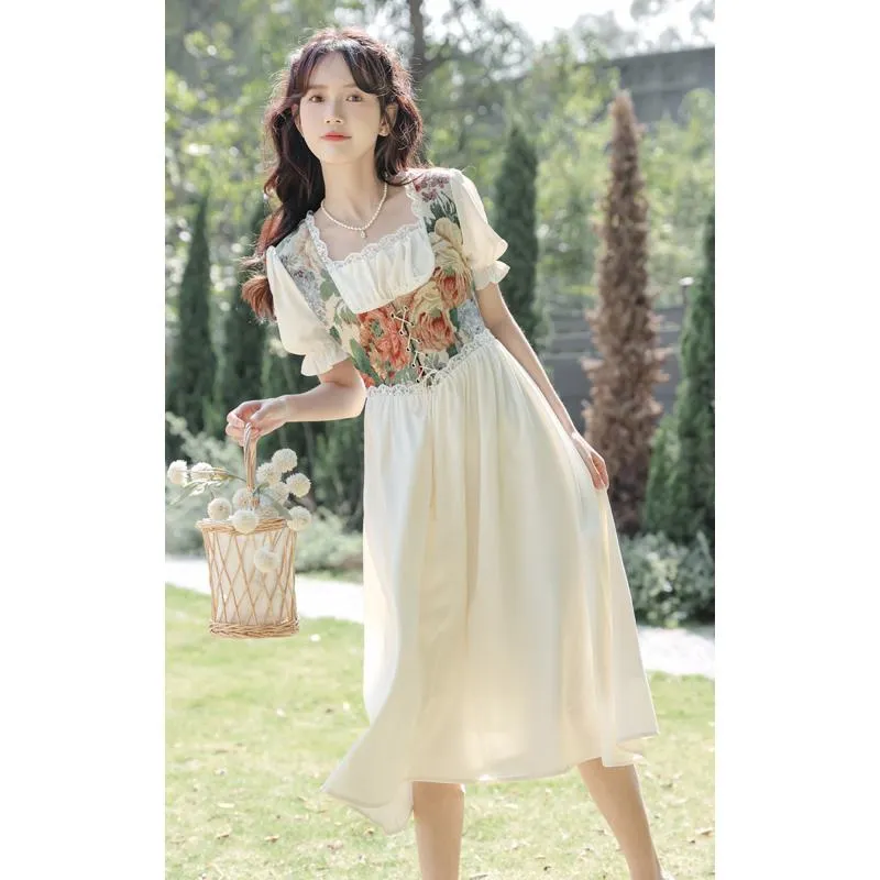 Retro Slimming Floral Print Fairy French Style Dress