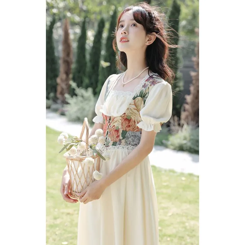 Retro Slimming Floral Print Fairy French Style Dress