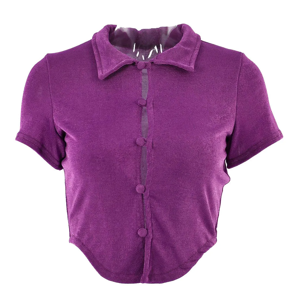 Retro Style Collared Short Sleeve Button Up Crop Top - Purple