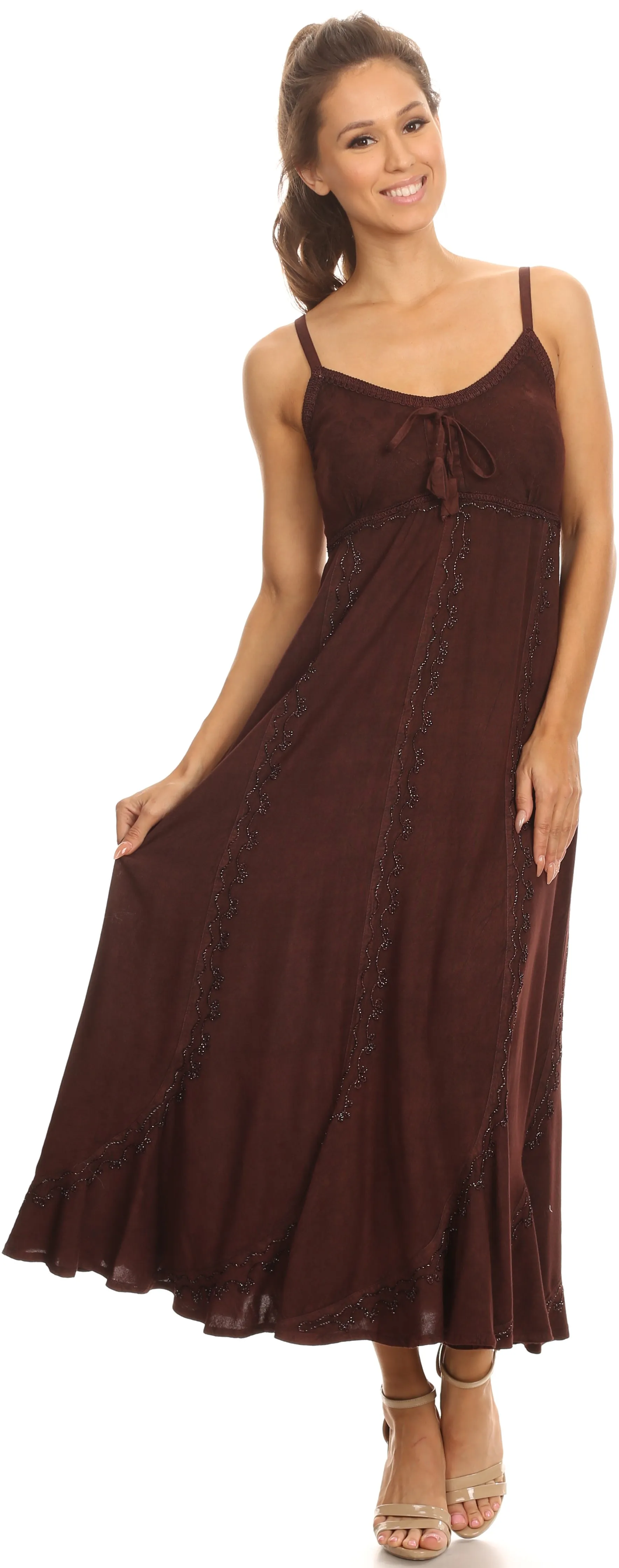 Sakkas Allie Stonewashed Embroidered Adjustable Spaghetti Straps Long Dress