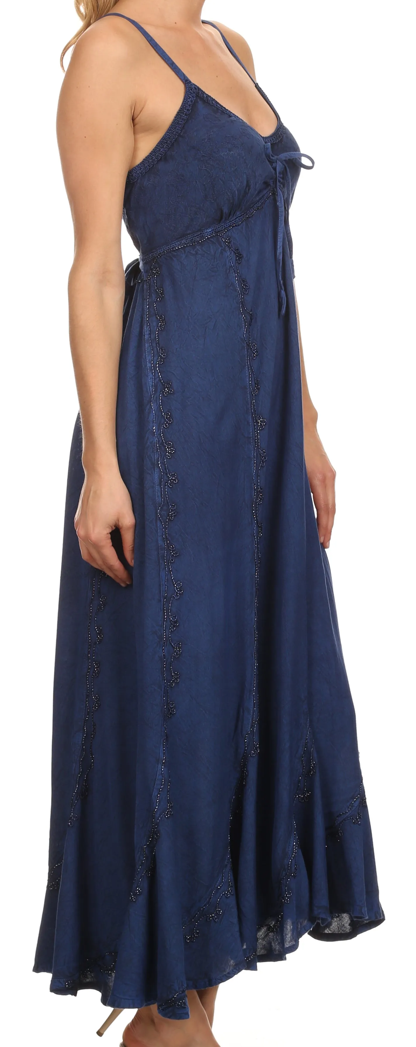 Sakkas Allie Stonewashed Embroidered Adjustable Spaghetti Straps Long Dress