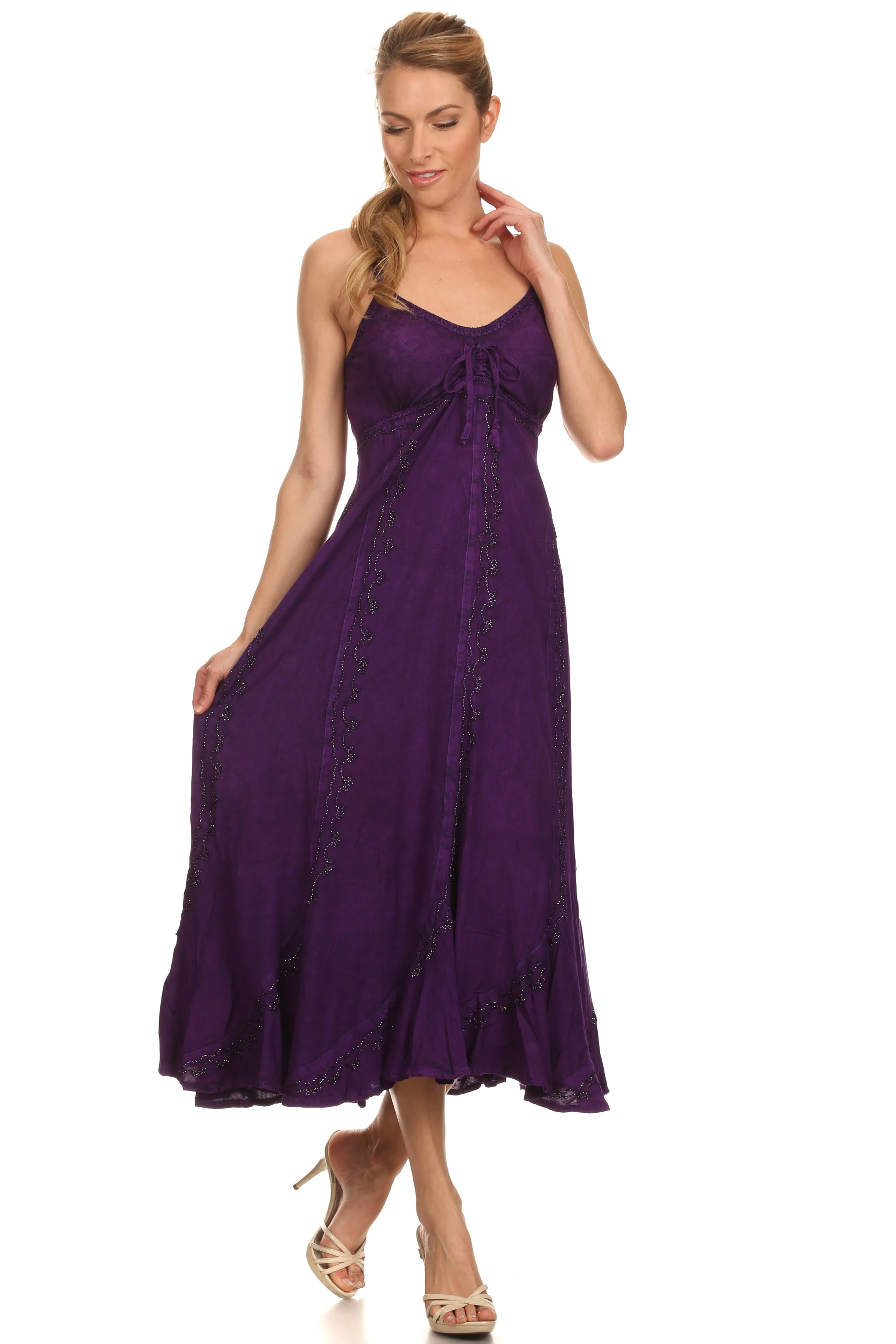 Sakkas Allie Stonewashed Embroidered Adjustable Spaghetti Straps Long Dress