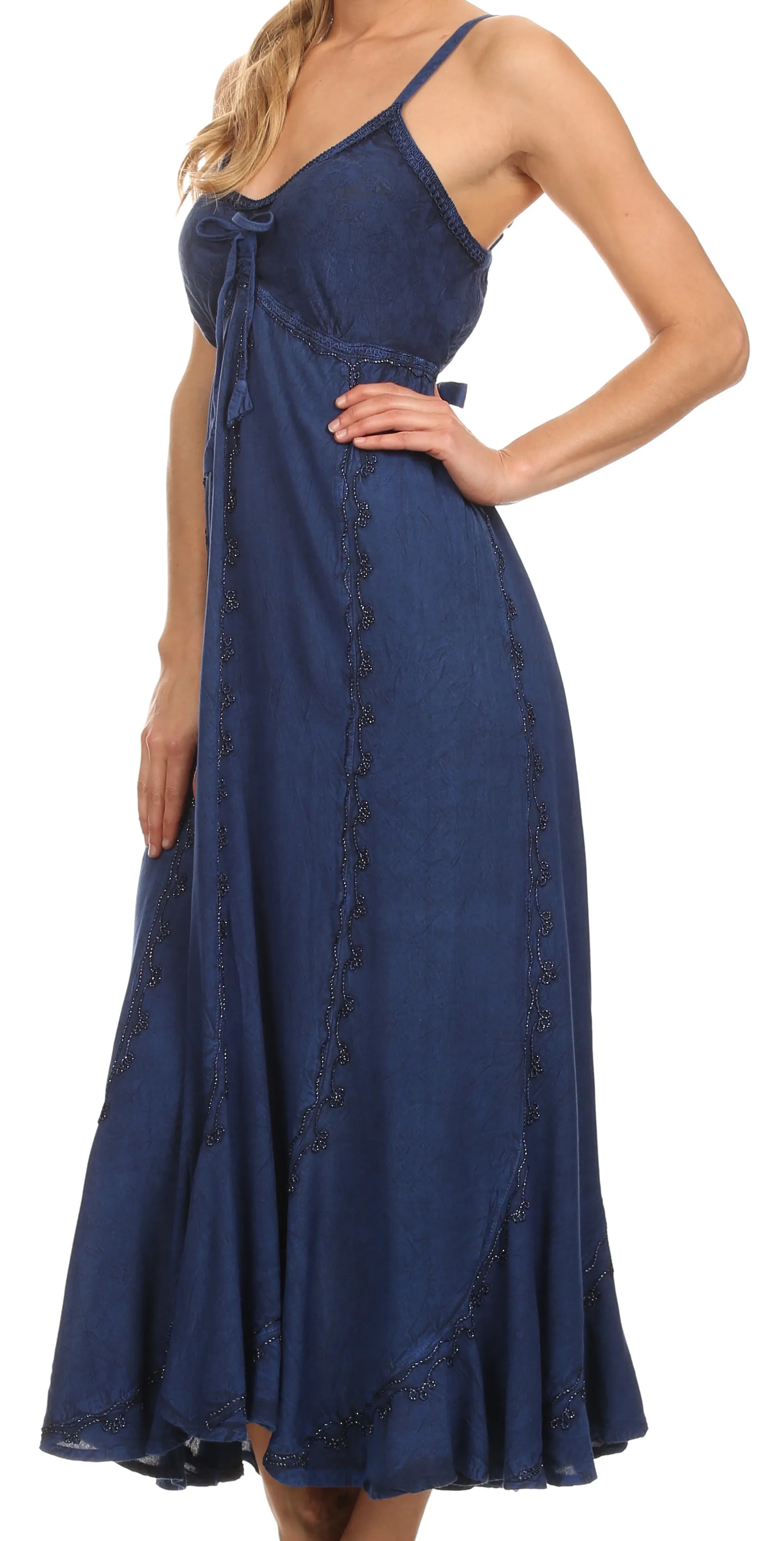 Sakkas Allie Stonewashed Embroidered Adjustable Spaghetti Straps Long Dress