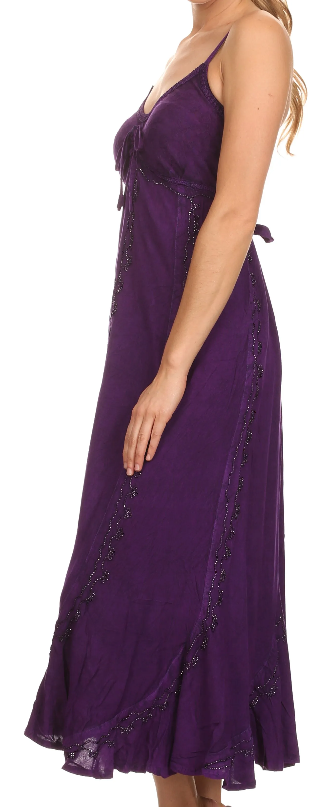 Sakkas Allie Stonewashed Embroidered Adjustable Spaghetti Straps Long Dress