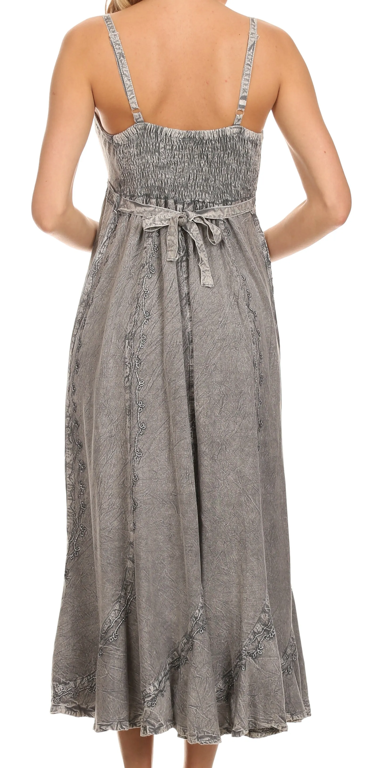 Sakkas Allie Stonewashed Embroidered Adjustable Spaghetti Straps Long Dress