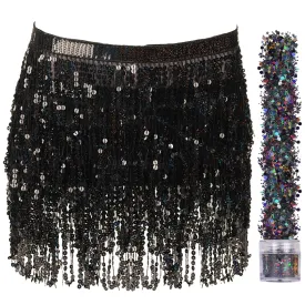 Sequin Fringe Mini Skirt - Sparkly Belly Dance Hip Scarf - Space Cowgirl Outfit - Holographic Tassel Skirts - Party Accessories - Music Festival Rave Clothes for Women ( Black ) - FUNCREDIBLE