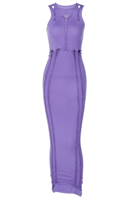 Sexy Crew Neck Braided Cutout Sleeveless Bodycon Cocktail Midi Dress - Purple