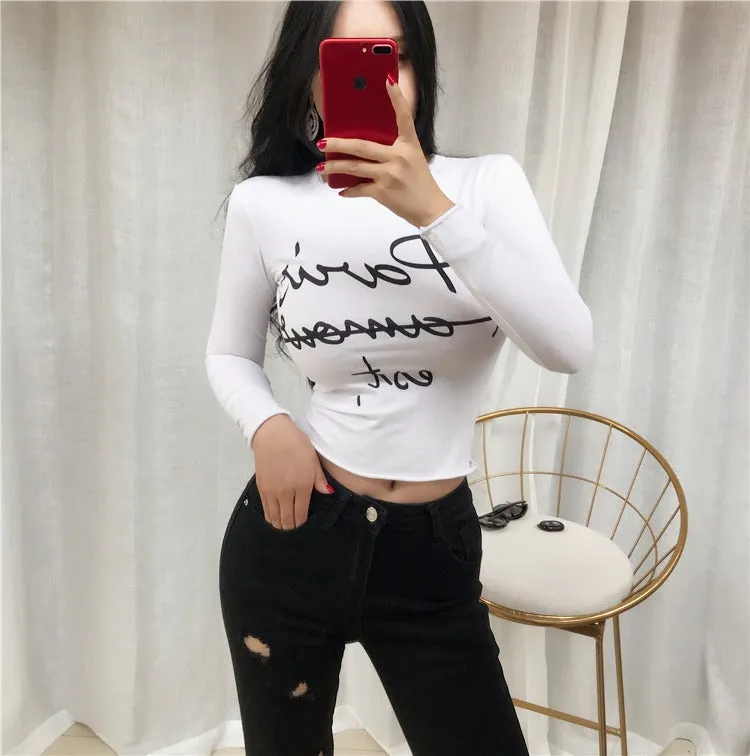 Sexy Elastic Korean Style Paris Printed Slim Fit Long Sleeve Tops