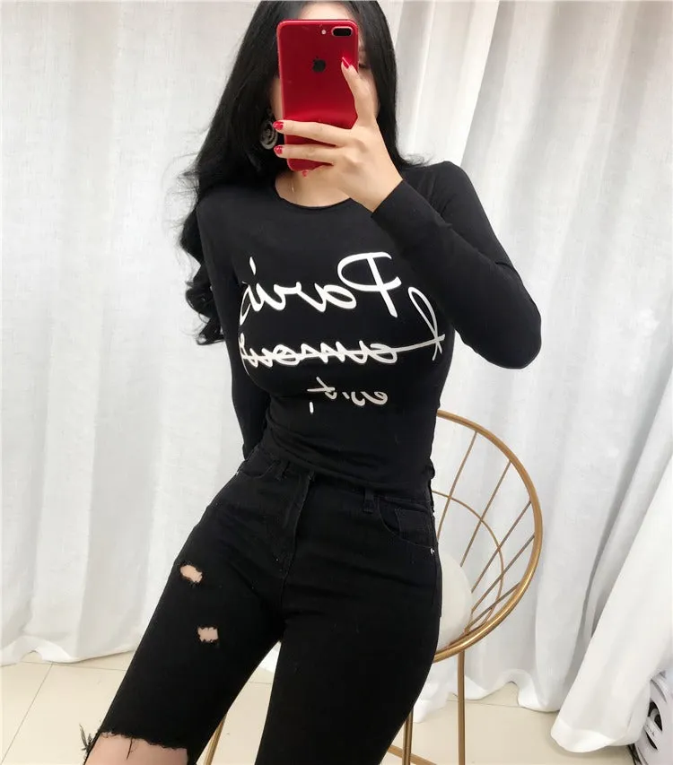 Sexy Elastic Korean Style Paris Printed Slim Fit Long Sleeve Tops