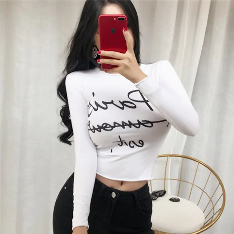 Sexy Elastic Korean Style Paris Printed Slim Fit Long Sleeve Tops